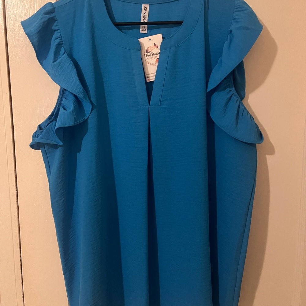 Zenana Blue Ruffled Blouse Relaxed Fit
